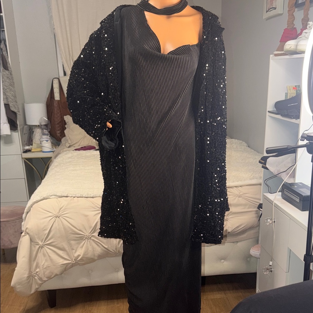 Elegant Black Sequin Jacket and Dress Set